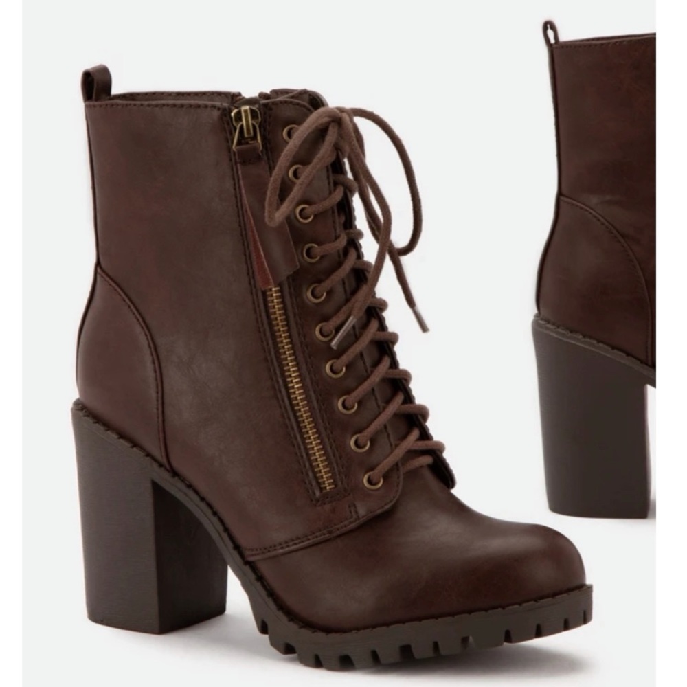 Brown Lace Up High Chunky Heel Combat Boots - Picture 4 of 8